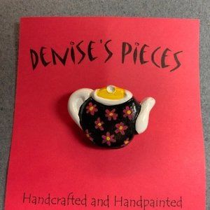Tea Pot Pin Brooch Black White Yellow Red Flower Plaster Handmade Hand Painted
